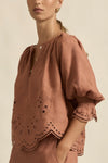 100% linen finished in a tonal spring hue
bespoke embroidered hem and sleeve in floral motif
tuck detailing around the neckline for a soft drape
elbow-length blouson sleeve with elastic cuff
rounded with a delicate button feature