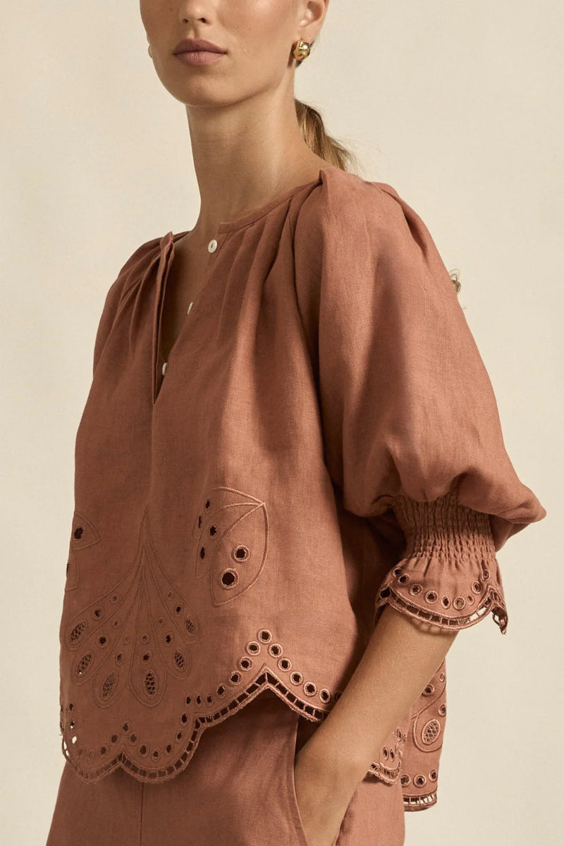 100% linen finished in a tonal spring hue
bespoke embroidered hem and sleeve in floral motif
tuck detailing around the neckline for a soft drape
elbow-length blouson sleeve with elastic cuff
rounded with a delicate button feature