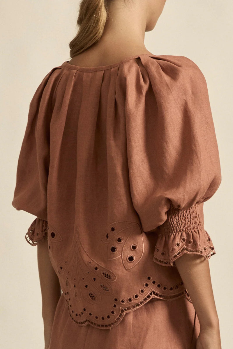 100% linen finished in a tonal spring hue
bespoke embroidered hem and sleeve in floral motif
tuck detailing around the neckline for a soft drape
elbow-length blouson sleeve with elastic cuff
rounded with a delicate button feature