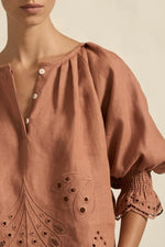 100% linen finished in a tonal spring hue
bespoke embroidered hem and sleeve in floral motif
tuck detailing around the neckline for a soft drape
elbow-length blouson sleeve with elastic cuff
rounded with a delicate button feature