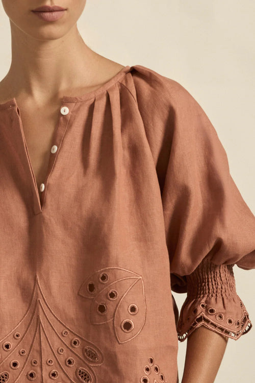100% linen finished in a tonal spring hue
bespoke embroidered hem and sleeve in floral motif
tuck detailing around the neckline for a soft drape
elbow-length blouson sleeve with elastic cuff
rounded with a delicate button feature