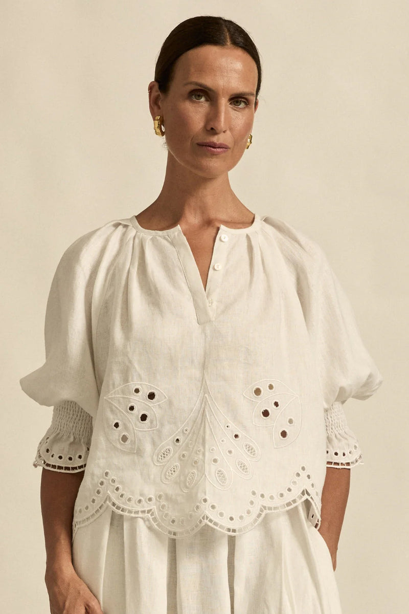  fresh approach to volume and texture, the dawn top offers bespoke embroidered artistry in a tonal hue.

100% linen finished in a tonal spring hue
bespoke embroidered hem and sleeve in floral motif
tuck detailing around the neckline for a soft drape
elbow-length blouson sleeve with elastic cuff
rounded with a delicate button feature