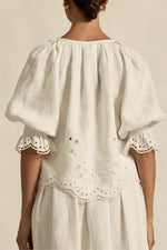 fresh approach to volume and texture, the dawn top offers bespoke embroidered artistry in a tonal hue.

100% linen finished in a tonal spring hue
bespoke embroidered hem and sleeve in floral motif
tuck detailing around the neckline for a soft drape
elbow-length blouson sleeve with elastic cuff
rounded with a delicate button feature