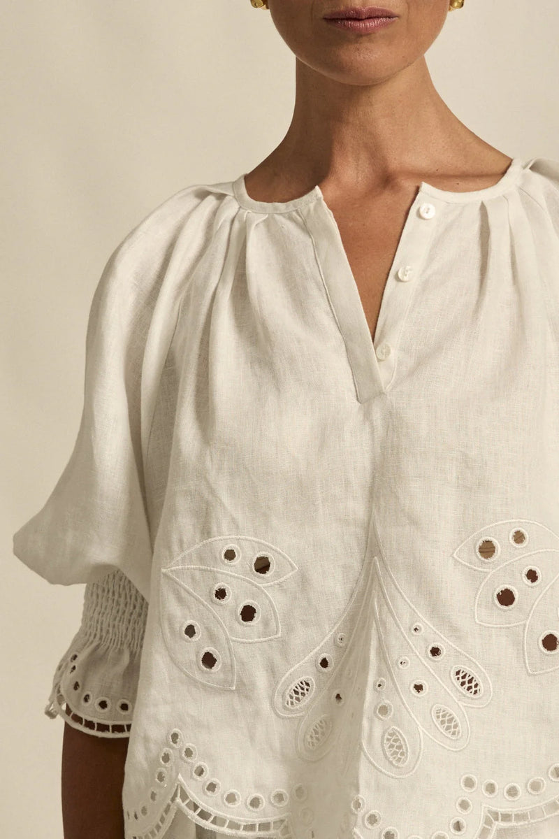  fresh approach to volume and texture, the dawn top offers bespoke embroidered artistry in a tonal hue.

100% linen finished in a tonal spring hue
bespoke embroidered hem and sleeve in floral motif
tuck detailing around the neckline for a soft drape
elbow-length blouson sleeve with elastic cuff
rounded with a delicate button feature