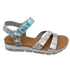 This little thong sandal from Django & Juliette has a cushioned foot bed, beige rubber sole and a silver trim between foot bed and sole. It has good support in the front of the shoe and a velcro fastened strap across the foot. The leather is a croc print in muted colours of khaki, aqua, pink and silver.