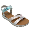 This little thong sandal from Django & Juliette has a cushioned foot bed, beige rubber sole and a silver trim between foot bed and sole. It has good support in the front of the shoe and a velcro fastened strap across the foot. The leather is a croc print in muted colours of khaki, aqua, pink and silver.