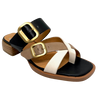 A great combination of neutral colours of black, bone and taupe make this little toe thong slide a handy addition to your summer wardrobe. The wide leather straps across the foot feature two brushed gold buckle and it has a low stacked heel.