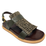 A sandal  by EOS with a beautifully moulded sole covered in chocolate leather sits perfectly with dark olive mix of smooth leather and woven olive hessian on the upper. A classic flat sandal for any wardrobe.