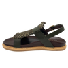 A sandal  by EOS with a beautifully moulded sole covered in chocolate leather sits perfectly with dark olive mix of smooth leather and woven olive hessian on the upper. A classic flat sandal for any wardrobe.