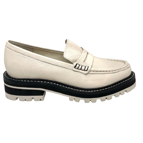 This very cool chunky loafer from Django & Juliette in almond coloured tumbled leather has a black and cream rubber sole to give both height and comfort.
