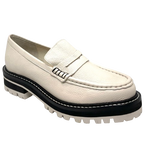 This very cool chunky loafer from Django & Juliette in almond coloured tumbled leather has a black and cream rubber sole to give both height and comfort.