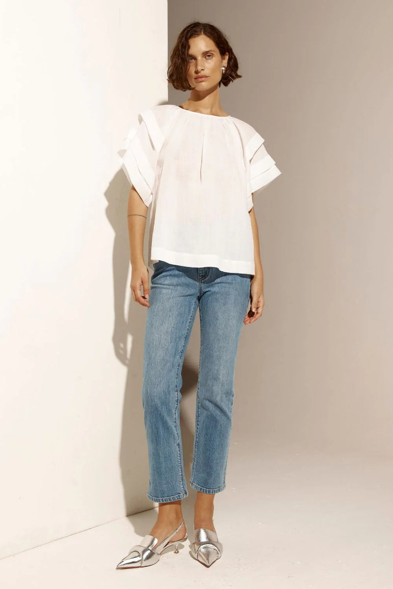 The Flout top is a study in relaxed sophistication, featuring a gathered neckline and pintuck details on the sleeves that create a modern silhouette. Its raglan sleeve offers a laid-back elegance, making it a perfect choice for easy, everyday wear.&nbsp;

This top transitions seamlessly from work to weekend with its refined simplicity.

composition: 100% ramie
softly gathered neckline is flattering and feminine
pintuck detail on a flutter style sleeve