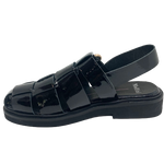 Here's a super comfy fisherman sandal that will see you wearing it with a variety of styles in your wardrobe whether it be summer or winter. The patent leather is soft and supple and the sole is comfortably padded too.