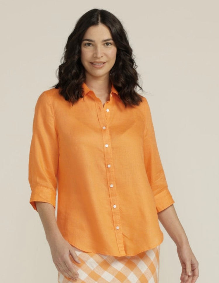A classic shirt with collar, long cuffed sleeves (great to roll in our summers), white buttons and made in a vibrant orange 100% linen pants.