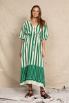 puff sleeve gypsy dress green stripe side splits collarless neckline and tie waist. bohemian traders