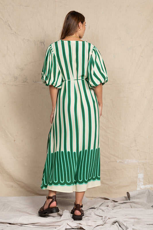 puff sleeve gypsy dress green stripe side splits collarless neckline and tie waist. bohemian traders