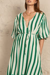 puff sleeve gypsy dress green stripe side splits collarless neckline and tie waist. bohemian traders