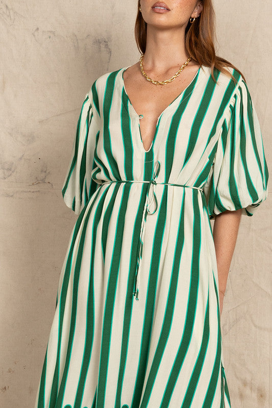 puff sleeve gypsy dress green stripe side splits collarless neckline and tie waist. bohemian traders