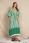 puff sleeve gypsy dress green stripe side splits collarless neckline and tie waist. bohemian traders