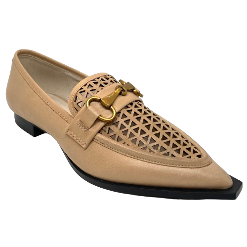 Here's a loafer with a twist! This sleek low heeled/flattie has a plug featuring multiple triangular cut-outs, a brass bridle buckle, a pointed toe and an extended sole. The colour is a rich sand. Brand is Hael &amp; Jax.
