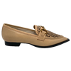 Here's a loafer with a twist! This sleek low heeled/flattie has a plug featuring multiple triangular cut-outs, a brass bridle buckle, a pointed toe and an extended sole. The colour is a rich sand. Brand is Hael &amp; Jax.