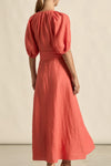 laxed yet refined.
• crafted in 100% linen
• fit-and-flare maxi silhouette
• v-split neckline with bound finish
• raglan 3/4 sleeve with gathered volume
• wide self-fabric belt with angled ends
• lace panel at bib for artisanal appeal
• centre back zip for clean closure
• ideal for travel, leisure, or warm days ahead