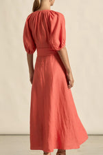 laxed yet refined.
• crafted in 100% linen
• fit-and-flare maxi silhouette
• v-split neckline with bound finish
• raglan 3/4 sleeve with gathered volume
• wide self-fabric belt with angled ends
• lace panel at bib for artisanal appeal
• centre back zip for clean closure
• ideal for travel, leisure, or warm days ahead