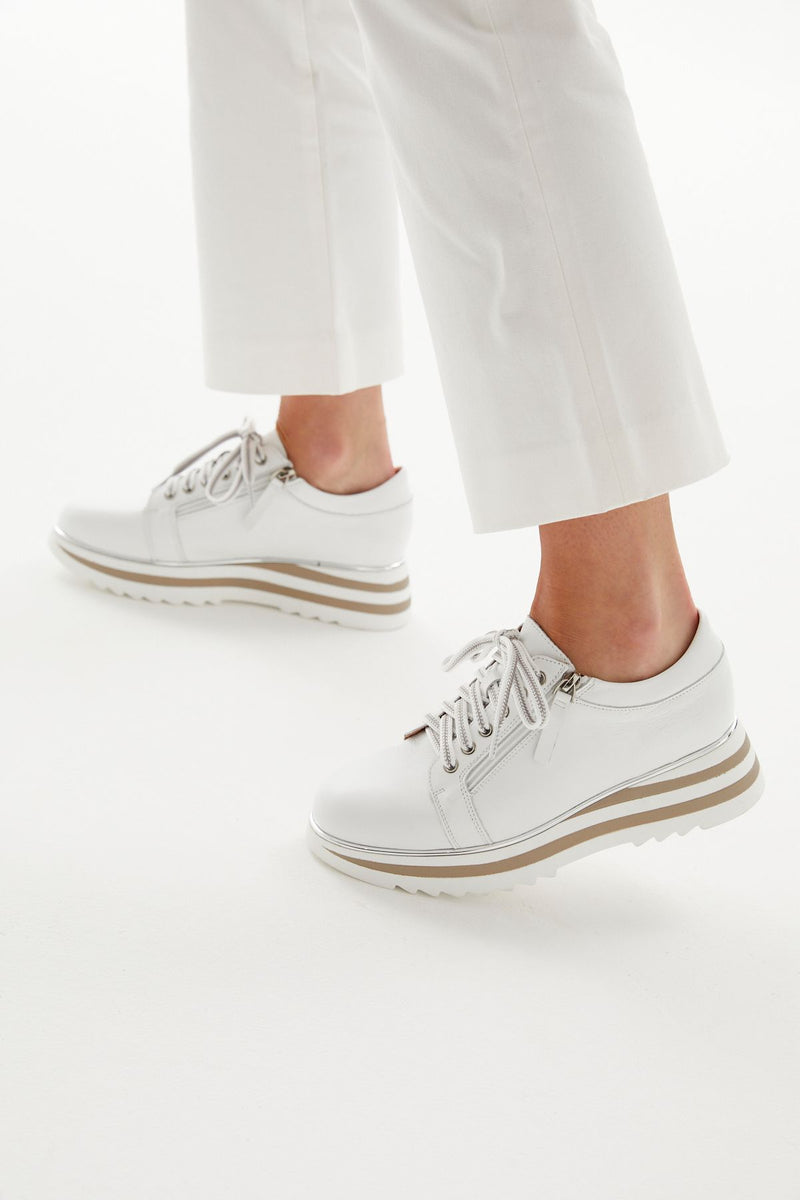 <p>How cool are these leather sneakers! Stripe detail through the 5cm high sole, two tone laces and with a metal rand give these just the right amount of edge.&nbsp; Double zips for super easy on/off too.&nbsp;&nbsp;</p> <p>Alfie &amp; Evie</p>