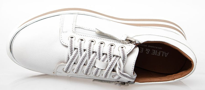 <p>How cool are these leather sneakers! Stripe detail through the 5cm high sole, two tone laces and with a silver metal rand give these just the right amount of edge.&nbsp; Double zips for super easy on/off too.&nbsp;&nbsp;</p> <p>Alfie &amp; Evie</p>