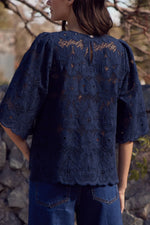 100% cotton
Intricate cotton lace with scalloped edges
Round neckline with bell sleeves for balanced volume
Relaxed fit for effortless layering
Rear button closure with elastic loop