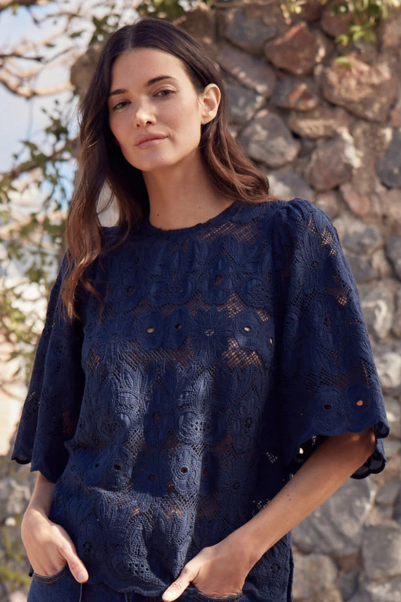 100% cotton
Intricate cotton lace with scalloped edges
Round neckline with bell sleeves for balanced volume
Relaxed fit for effortless layering
Rear button closure with elastic loop