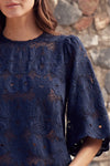 100% cotton
Intricate cotton lace with scalloped edges
Round neckline with bell sleeves for balanced volume
Relaxed fit for effortless layering
Rear button closure with elastic loop