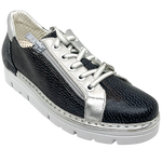 Super comfortable and gorgeous! These sneakers are made in Spain, have an easy access zip entry and a silver trim. Wear them with your dress, skirt, pants or shorts and you'll look fabulous season after season&nbsp; Colour is black but because of the crackle effect these could easily work as navy. Removable foot bed for your orthotic.