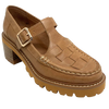This soft tan t-bar shoe from Top End has a chunky heel and gum sole, woven leather on the front, saddle stitching as well as stitching around the rand and a gold buckle on the instep strap. Perfect with both pants and skirts.