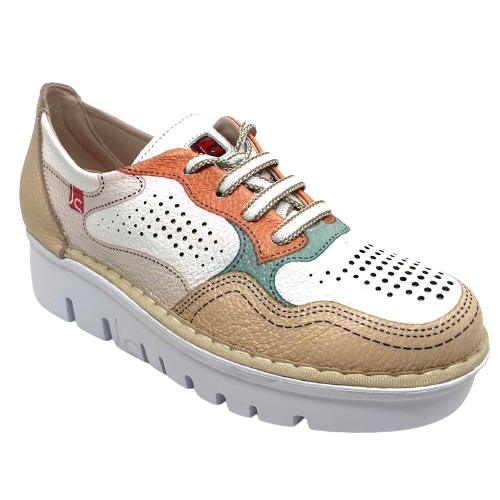Another fabulous sneaker from this great Spanish brand. These multi pastel sneakers have a slightly higher rise in the wedge but are soft and supportive and therefore a wonderfully comfortable but stylish addition to any wardrobe. There are perforations in the leather on the sides and upper for extra ventilation.