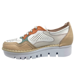 Another fabulous sneaker from this great Spanish brand. These multi pastel sneakers have a slightly higher rise in the wedge but are soft and supportive and therefore a wonderfully comfortable but stylish addition to any wardrobe. There are perforations in the leather on the sides and upper for extra ventilation.