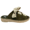 Made in Spain by Juncal Aguirre this suede espadrille slide has an adjustable front made possible by a wide flat lacing over the instep. The leather comes well back on the foot giving good support.