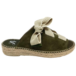 Made in Spain by Juncal Aguirre this suede espadrille slide has an adjustable front made possible by a wide flat lacing over the instep. The leather comes well back on the foot giving good support.