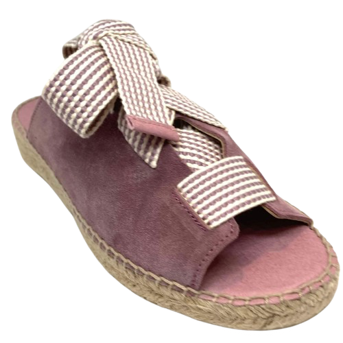 Made in Spain by Juncal Aguirre this suede espadrille slide has an adjustable front made possible by a wide flat lacing over the instep. The leather comes well back on the foot giving good support.