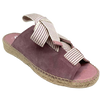 Made in Spain by Juncal Aguirre this suede espadrille slide has an adjustable front made possible by a wide flat lacing over the instep. The leather comes well back on the foot giving good support.