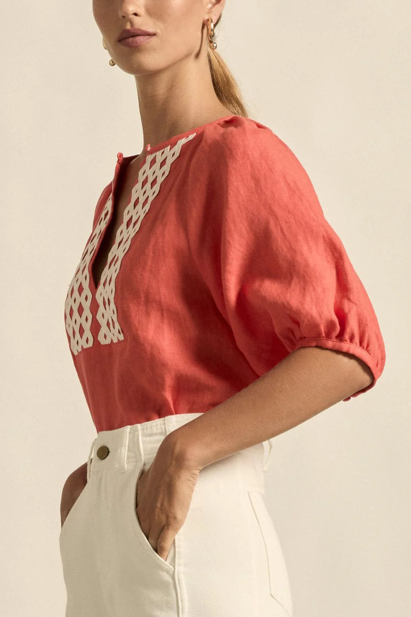 lace detailing and soft gathers add textural interest to a versatile silhouette.

100% breathable linen
centre front bib lace panel
round neckline with v-split and soft binding
soft gathers at neck and sleeve head
raglan 3/4 sleeve balances shape beautifully