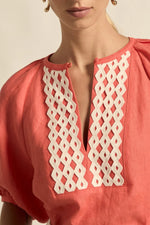 lace detailing and soft gathers add textural interest to a versatile silhouette.

100% breathable linen
centre front bib lace panel
round neckline with v-split and soft binding
soft gathers at neck and sleeve head
raglan 3/4 sleeve balances shape beautifully