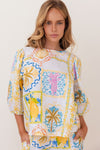 100% linen in the fresh Amalfi Print of lemons and blues is in this sweet little top with it's elbow length sleeve.