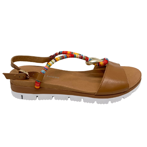  A super soft tan summer sandal that's been jazzed up with a multi coloured strap with a touch of gold. This little low wedge has a moulded insole and a white rubber outer sole providing comfort in a shoe you'll want to wear every day. Made by Django & Juliette.