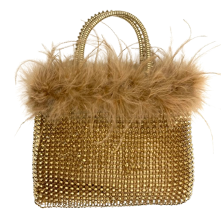 gold mesh with feather trim bag. l'ora d'oro