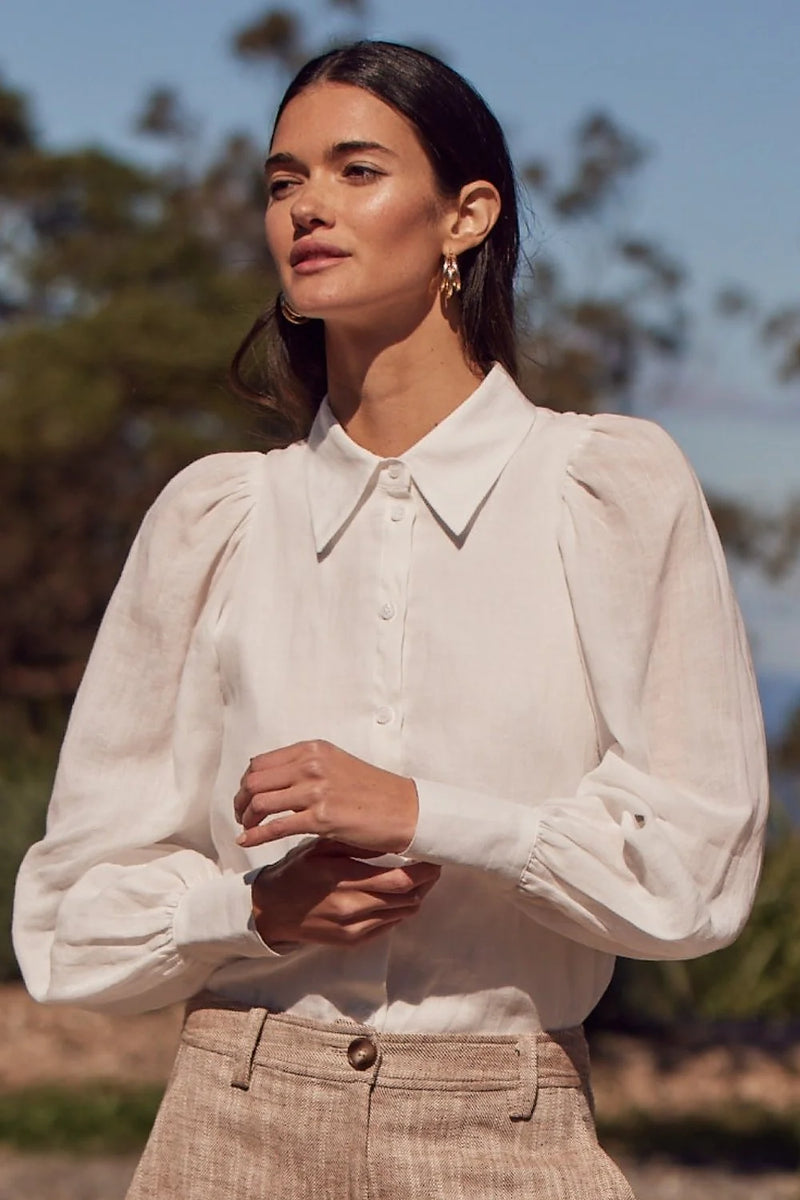 The Mirage Top merges soft femininity with effortless design. Crafted in lightweight ramie, it features a lined body and sheer, gathered blouson sleeves for a delicate contrast.&nbsp;

An inset shoulder seam flatters the silhouette, offering a piece that feels both classic and contemporary.