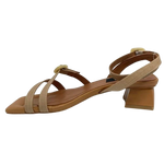 Made in Spain by Neo this gorgeous sandal in a beautiful neutral shade of camel and with its cute little 4.5cm heel will take you many places. The well placed straps are of raffia (with leather lining) and have a small "horn" buckle at the top of the foot and at the ankle.