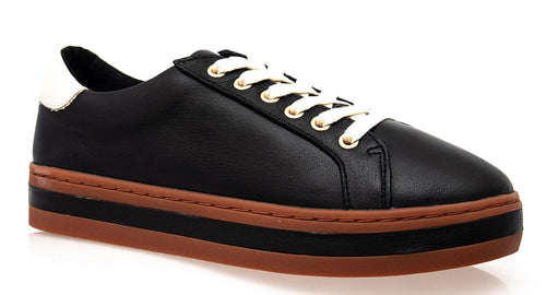The tried and proven last of the sneakers from Alfie and Evie will have your feet thanking you for the comfort. The black leather has a cream leather tab at the heel, cream laces and a rust and black rubber sole. The footbed is removable for those wishing to wear them with an orthotic.