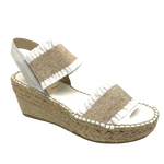 This tried and proven favourite espadrille has a 7cm rope wedge and the wide elasticized straps are finished with a small frill. A well fitted and comfortable sandal. Made in Spain.