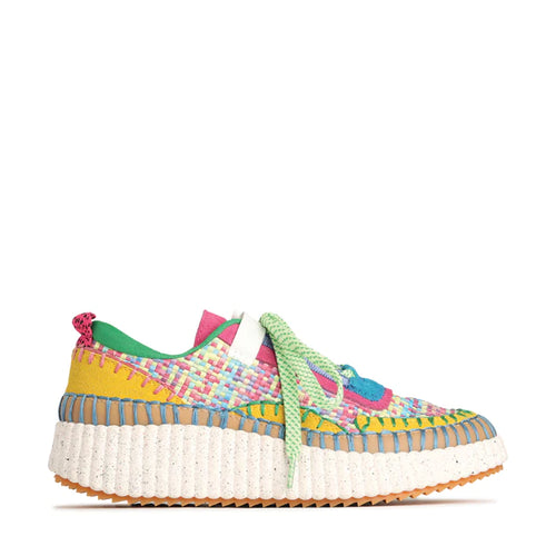 A fun multi coloured sneaker from Los Cabos constructed of man made materials. The bright colours, textures and blanket stitching create a sneaker for all seasons.